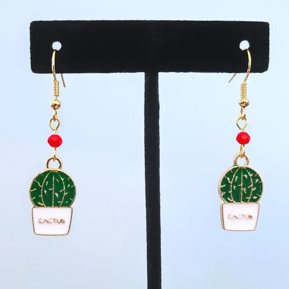 Subtle Delights Handmade Cute Enamel & Glass Cactus Air Plant Gold Hook Earrings - Picture 1 of 1